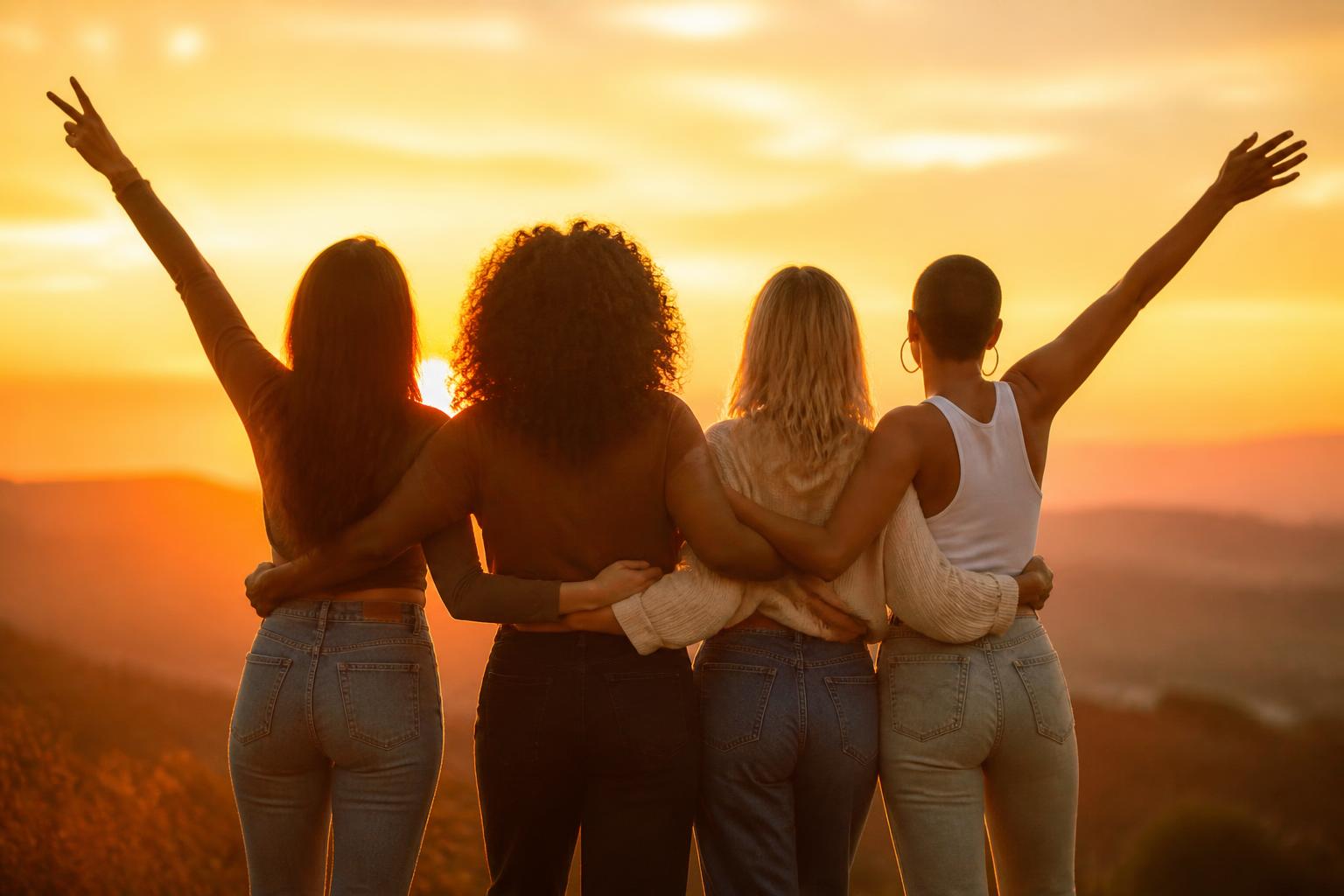 Four women standing arm in arm with arms raised at sunset